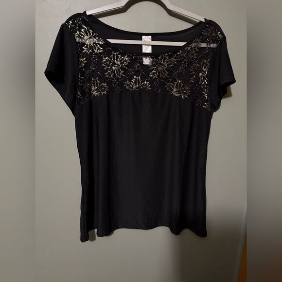 Avon Short Sleeve Black With Gold Sparkly Flowy Top Women's Size XL - Picture 2 of 4